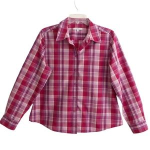 Foxcroft Pink Purple Plaid Shaped Wrinkle Free Long Sleeve Blouse 14P EC